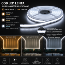 10mm COB LED Lenta Adresējama (Running Water) 6000k IP20 24 Volti 20Metru Rullis 360Led/m